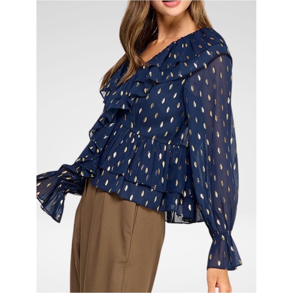 Rubienn Navy Ruffle V-Neck Blouse with Metallic Gold Leaf Print Women Medium NWT